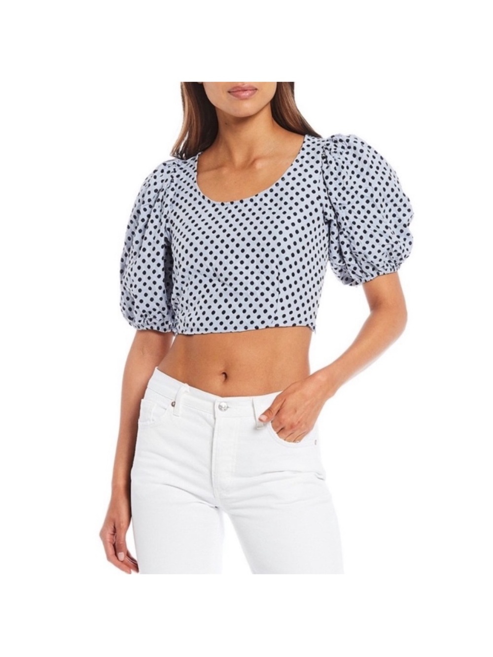 Free People Dusty Blue Polka Dot Crop Top Puff Sleeves 4 NWT Feminine Preppy